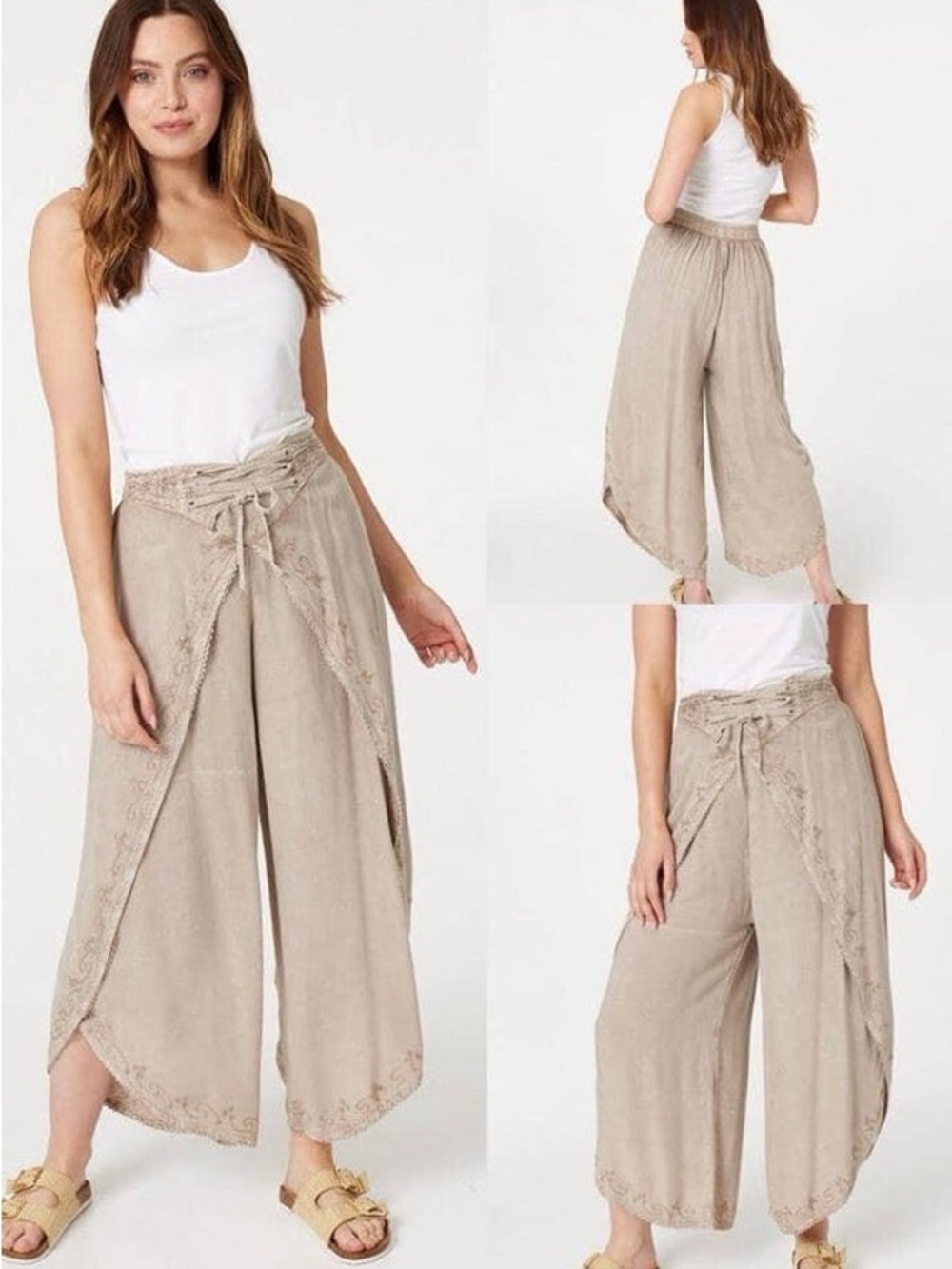 Boho Embroidered Tie-waist wide leg pants in Taupe one size